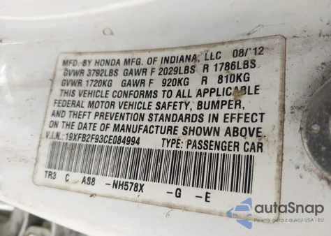 2012 Honda Civic Ex-L from USA, damaged, VIN 19XFB2F93CE084994
